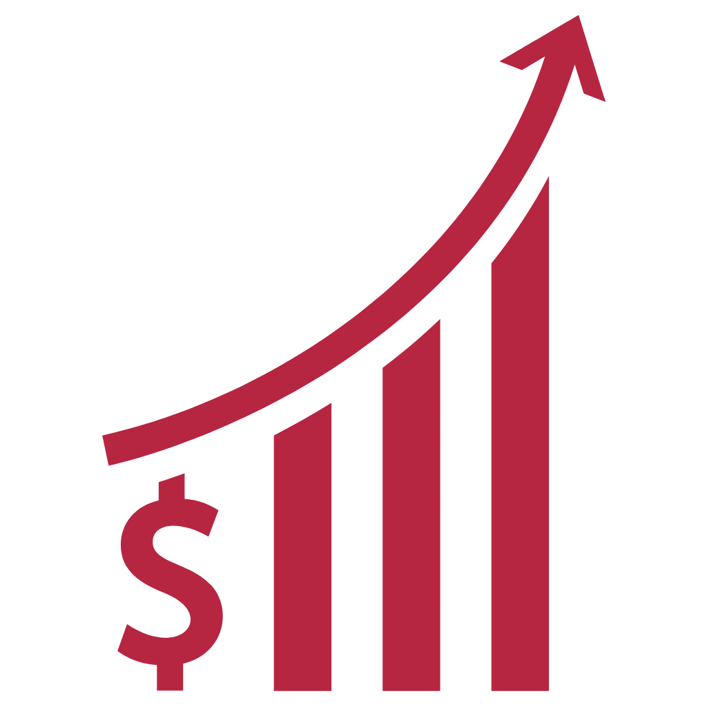 A red bar chart with a dollar sign at the base and an upward trending arrow indicating growth.