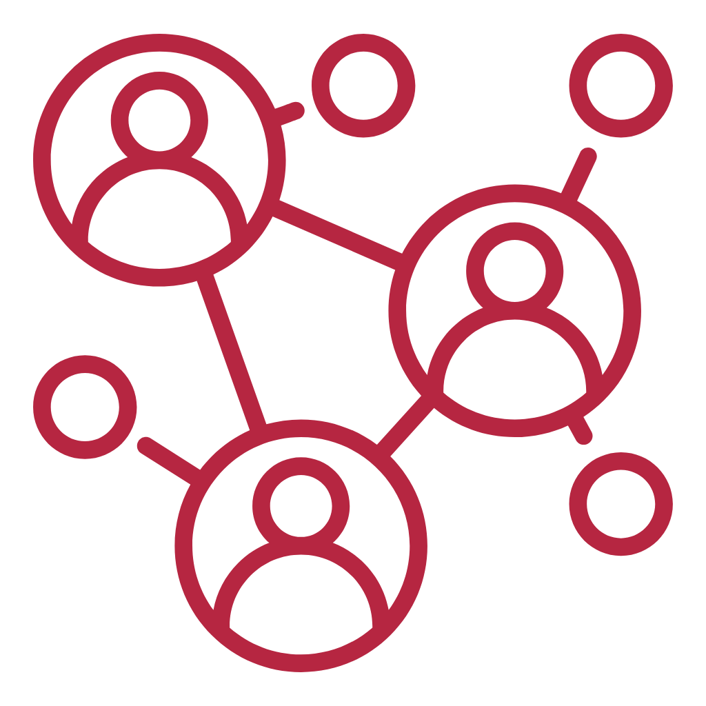 A network of people represented by interconnected circles with human silhouettes inside.