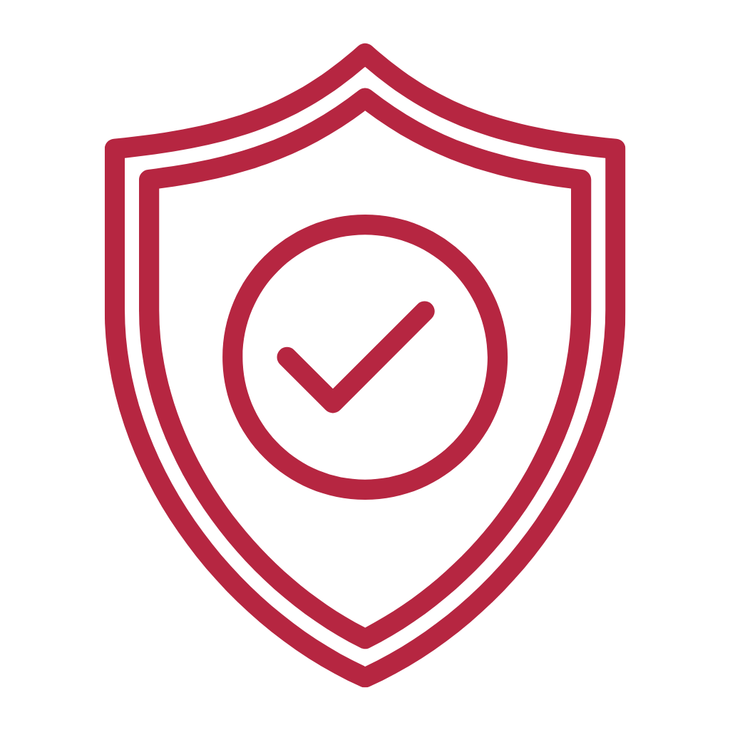 A red outline of a shield with a checkmark inside a circle in the center.