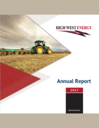 Annual Report 2017 cover for High West Energy features a tractor plowing a field under a cloudy sky.