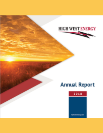Annual Report 2019 cover with a sunrise over a field and the High West Energy logo.