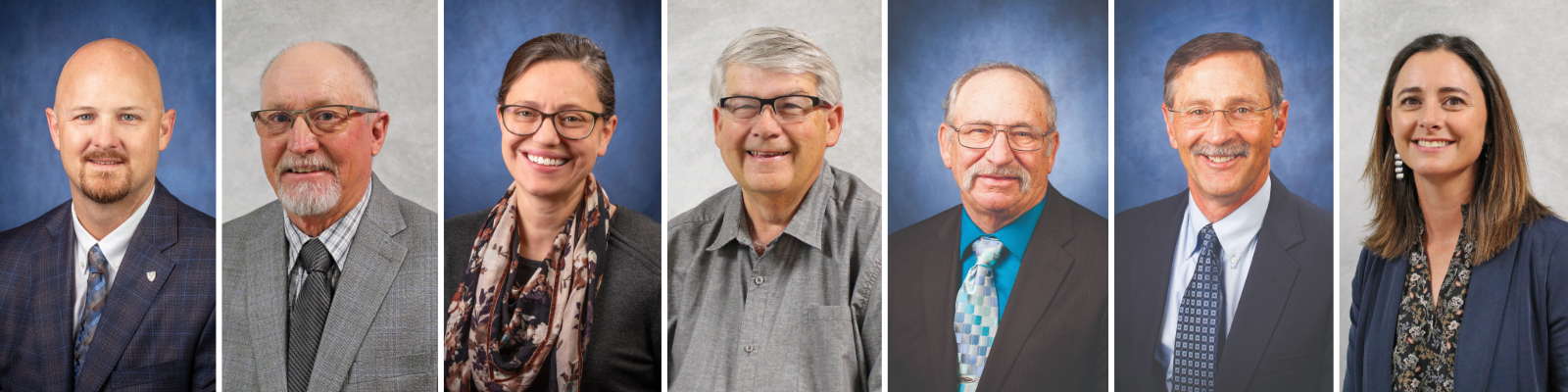 Seven individual board member portrait photos arranged side by side in a horizontal collage.