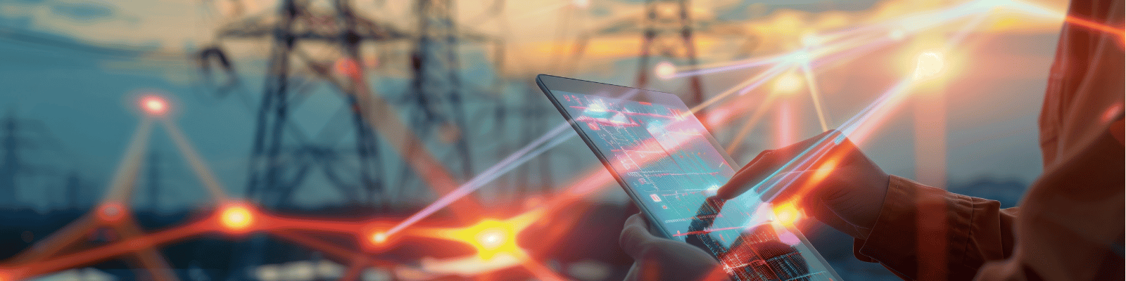 A person holding a tablet with glowing digital lines superimposed over a background of power lines and a sunset.