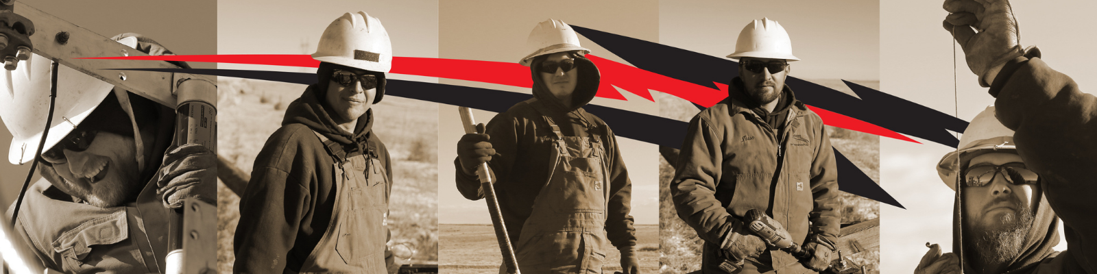 A collage of five workers in hard hats and work clothes, some holding tools, against a sepia-toned background with abstract red and black shapes.