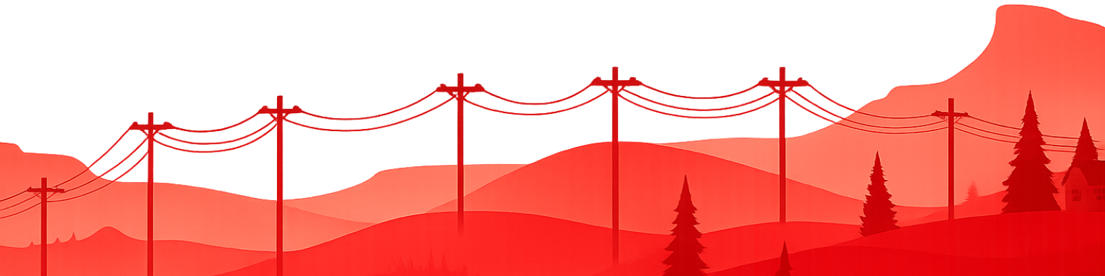 A minimalist landscape rendered in shades of red, featuring rolling hills, silhouette trees, and a row of telephone poles against a white sky with two birds flying.