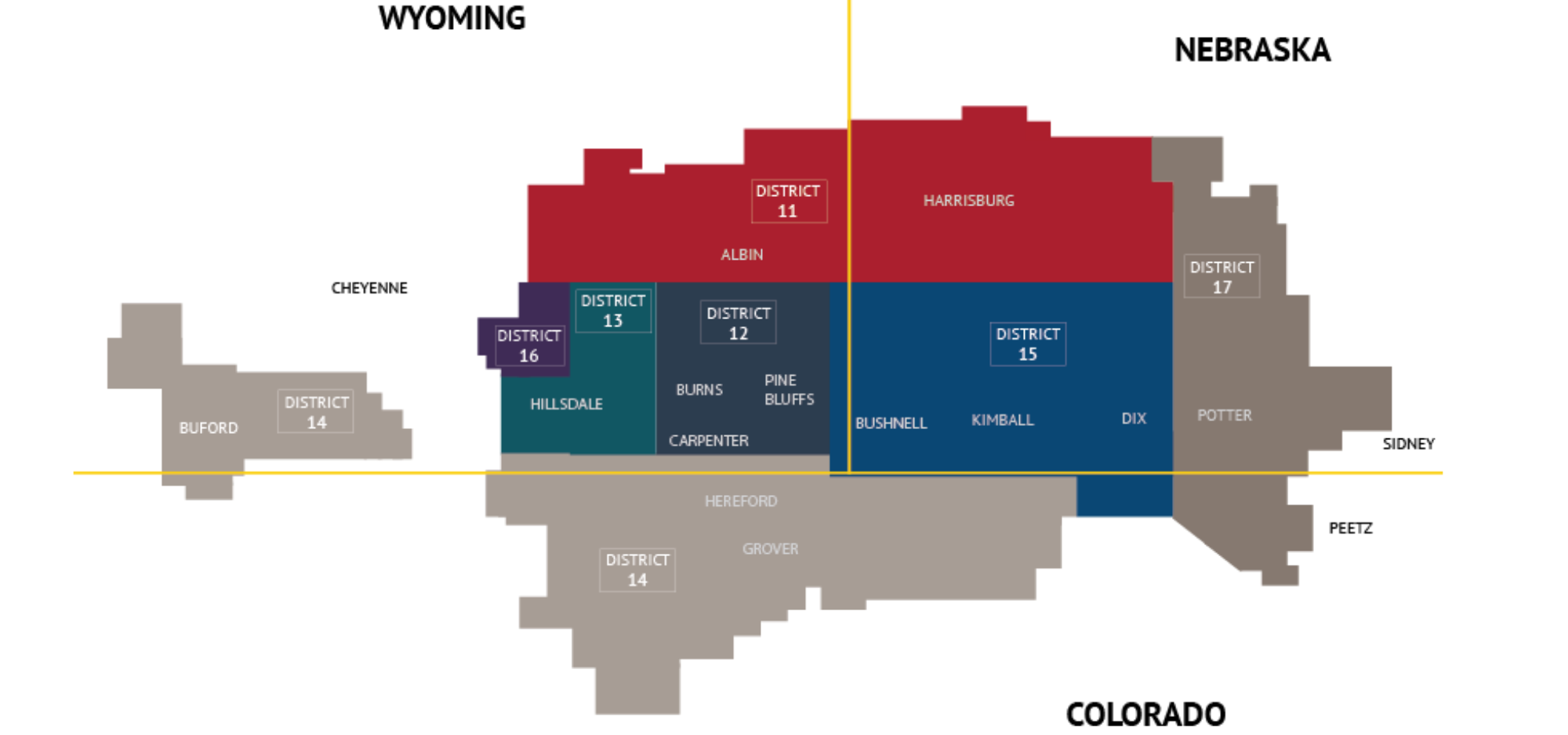 Map of High West Energy’s service area showing district boundaries and communities, with color-coded regions and district numbers.
