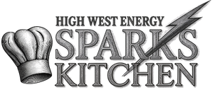 Logo for High West Energy Sparks Kitchen, featuring a chef's hat and a lightning bolt across the text.
