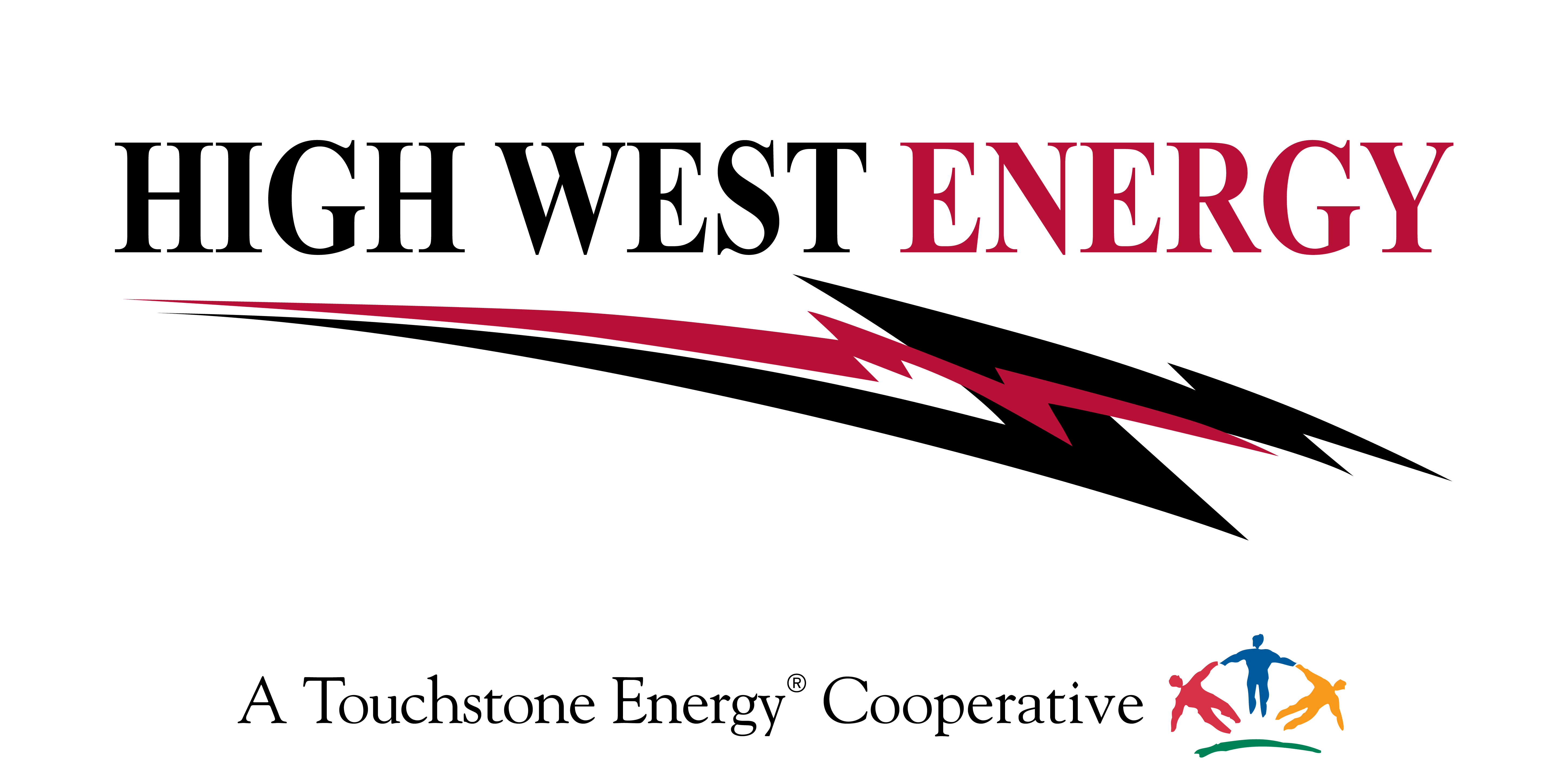 High West Energy logo featuring the cooperative name in black and red text above a red and black lightning bolt graphic, with the tagline ‘A Touchstone Energy® Cooperative’ and the Touchstone Energy logo below.