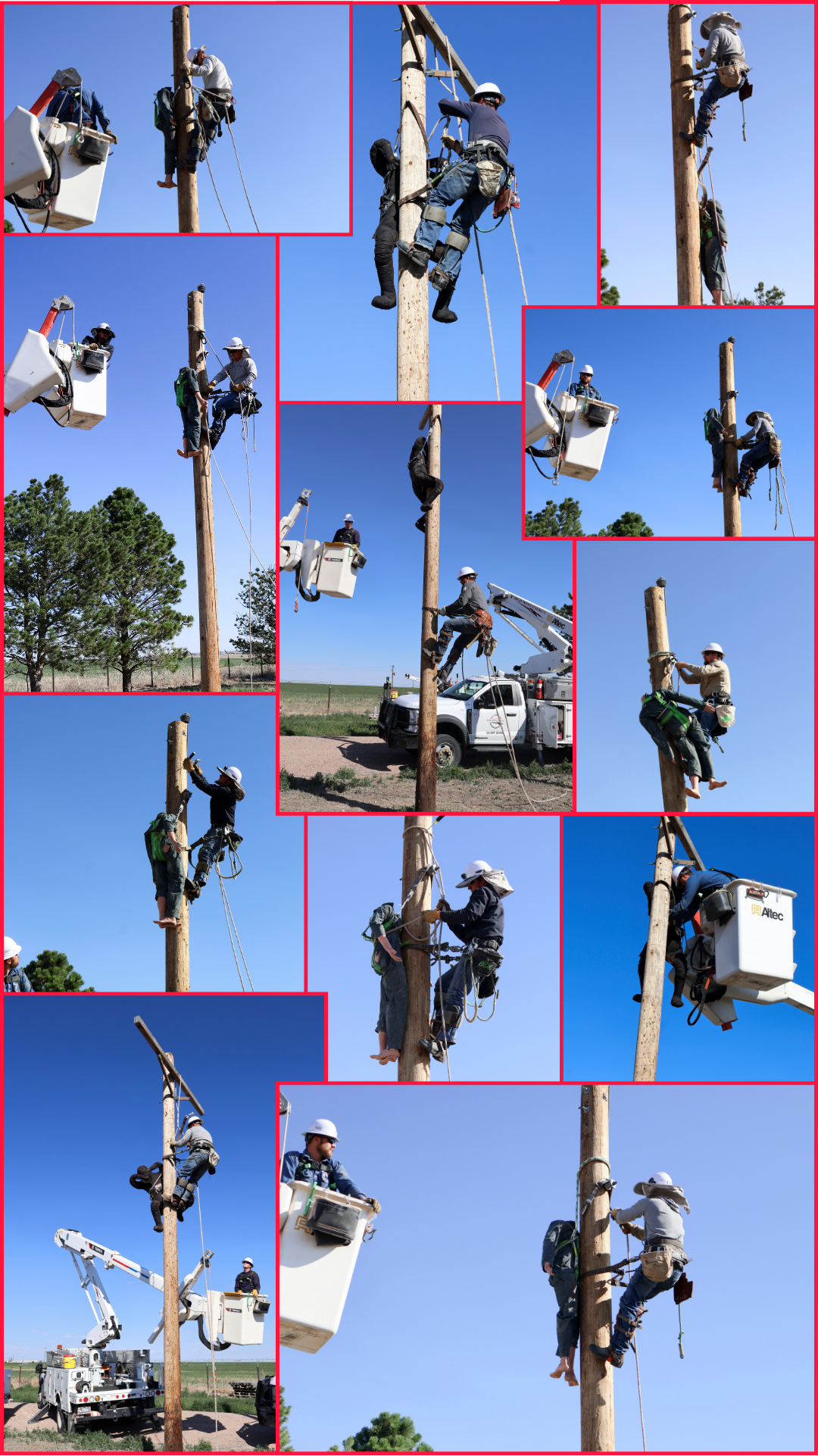 Photo collage of utility workers participating in pole-top rescue training, climbing and working on utility poles with bucket trucks and safety equipment under a clear blue sky.