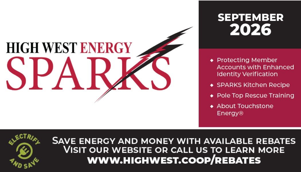 Promotional graphic for the September 2026 issue of High West Energy SPARKS featuring the cooperative logo, a list of featured articles, and an 'Electrify and Save' rebate program advertisement with the website highwest.coop/rebates.