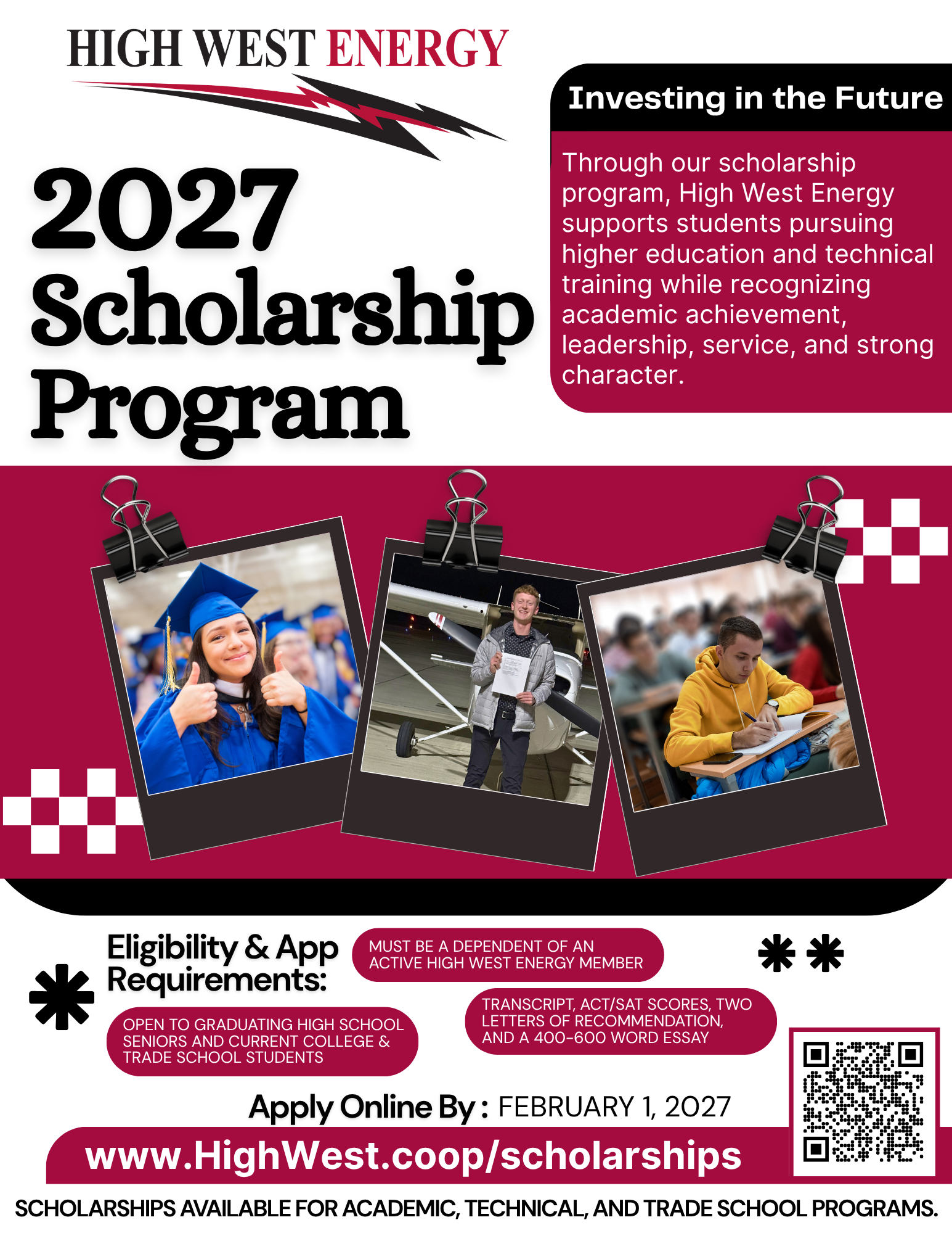 Promotional graphic for the 2027 High West Energy Scholarship Program featuring eligibility requirements, application deadline, scholarship information, a QR code, and student-themed images including graduation, aviation, and classroom settings.