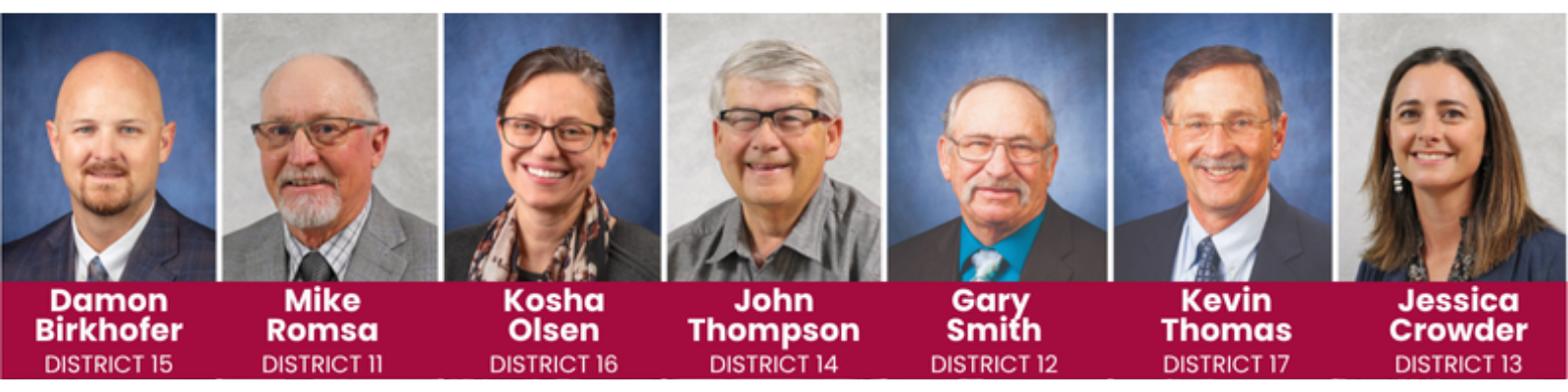 High West Energy Board of Directors roster featuring Damon Birkhofer (District 13), Mike Romsa (District 11), Kosha Olsen (District 16), John Thompson (District 4), Gary Smith (District 12), Kevin Thomas (District 17), and Jessica Crowder.