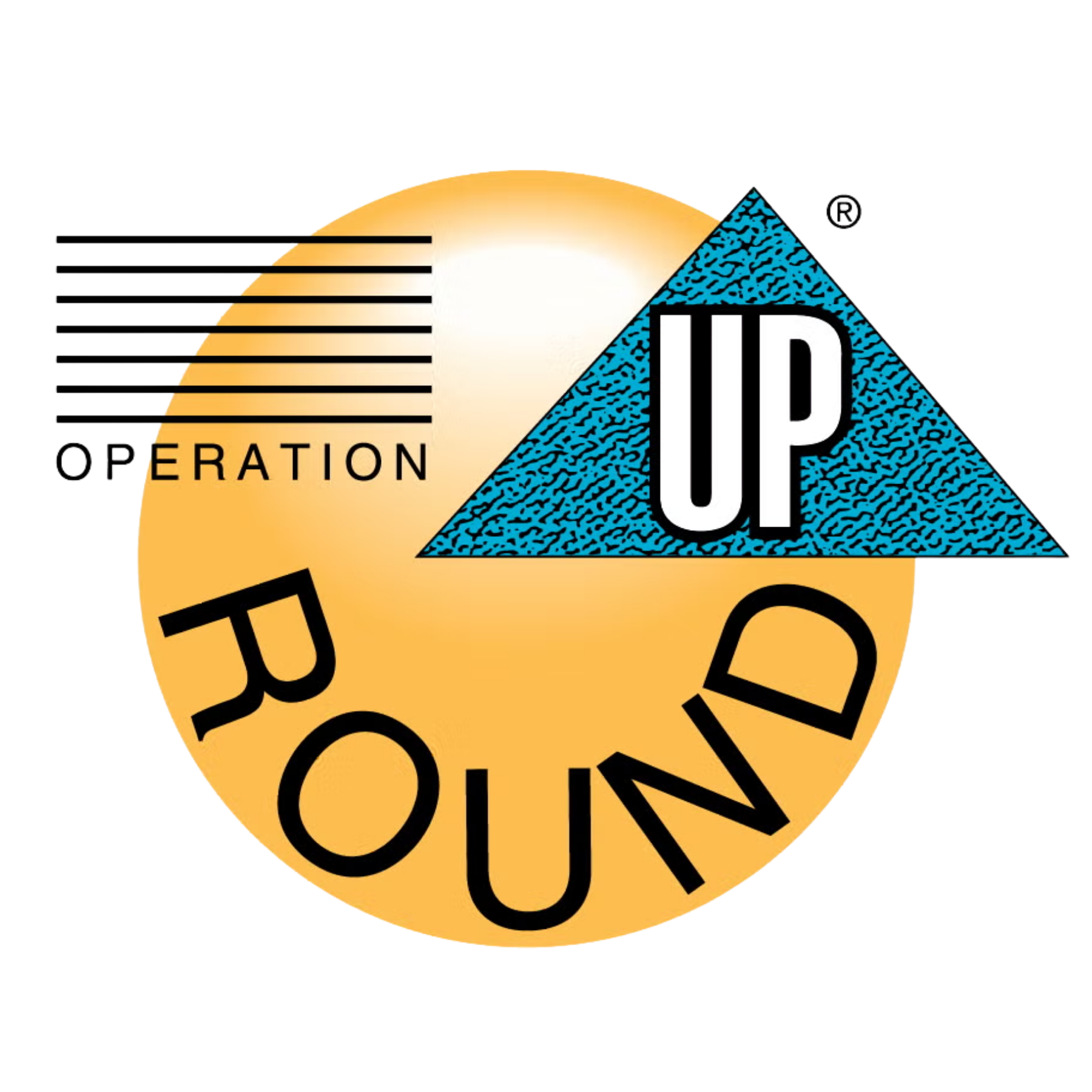 Circular logo with orange and yellow background, blue triangular section labeled “UP,” black letters spelling “OWN,” and the word “OPERATION” with three horizontal lines on the left.