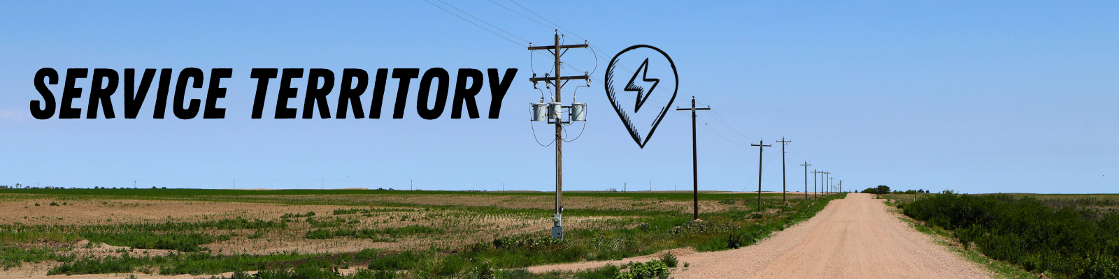 Service Territory banner featuring a rural gravel road, utility poles, and power lines extending across open farmland beneath a blue sky, with the words ‘Service Territory’ and a location marker containing a lightning bolt symbol.