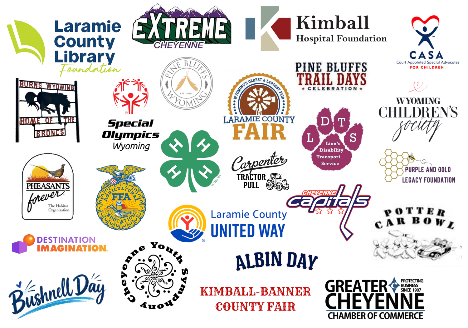Collage of logos representing community organizations, schools, fairs, nonprofits, youth programs, civic groups, and local events supported through High West Energy sponsorships and donations.