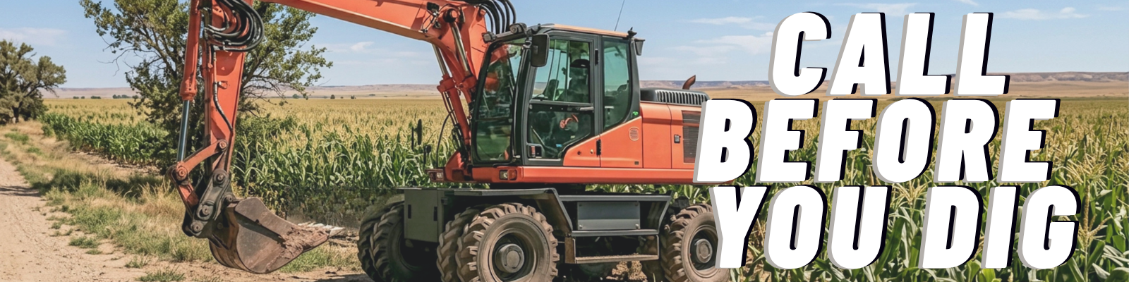 Orange excavator beside a cornfield with its bucket positioned over disturbed soil. Large text reads, “Call Before You Dig.