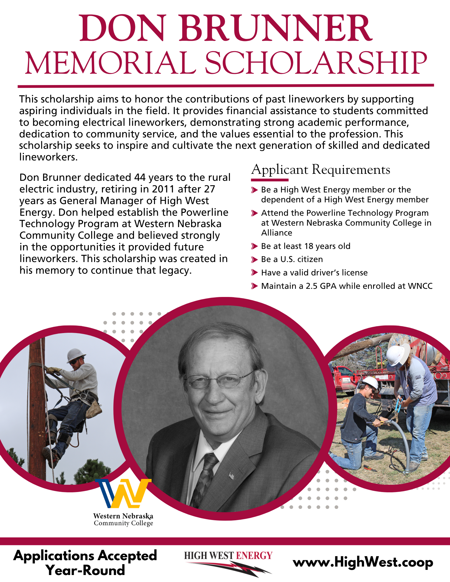 Don Brunner Memorial Scholarship flyer featuring scholarship details and applicant requirements, with photos representing lineworker training, the Western Nebraska Community College and High West Energy logos, and information that applications are accepted year-round at HighWest.coop.