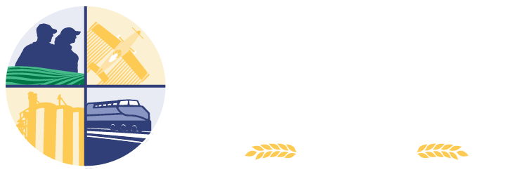 Nebraska Rural Electric Association logo featuring a circular emblem divided into four sections. The sections contain illustrations representing agriculture, electric utility infrastructure, transportation, and communications technology. Stylized wheat graphics appear to the right of the emblem.