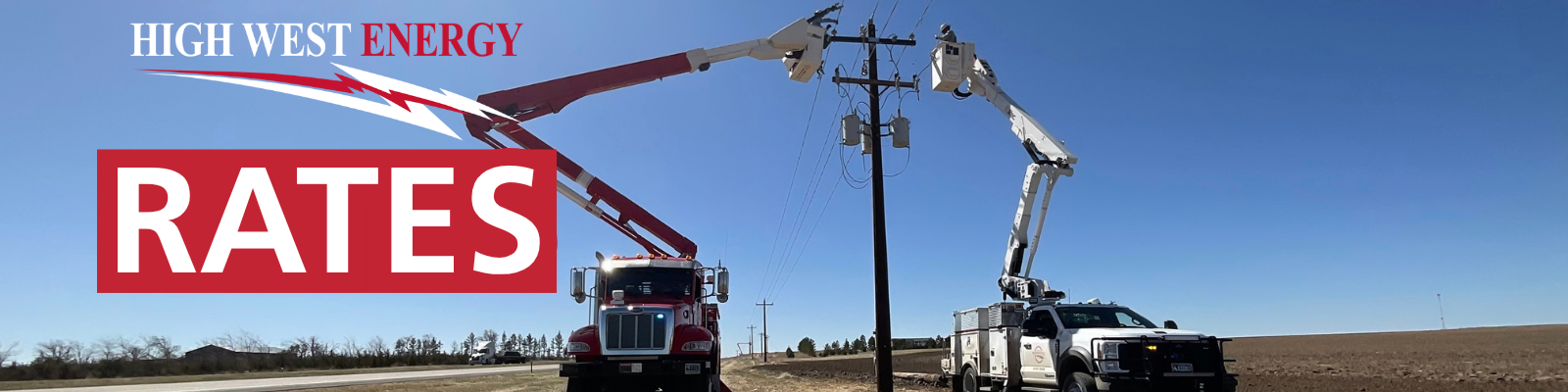 Rates banner featuring High West Energy line crews working from bucket trucks on overhead electrical equipment beside a utility pole, with the High West Energy logo and the word ‘RATES’ displayed prominently.