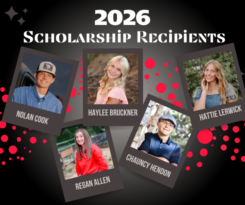 2026 High West Energy scholarship recipients graphic featuring Nolan Cook, Haylee Bruckner, Hattie Lerwick, Regan Allen, and Chauncy Hendon