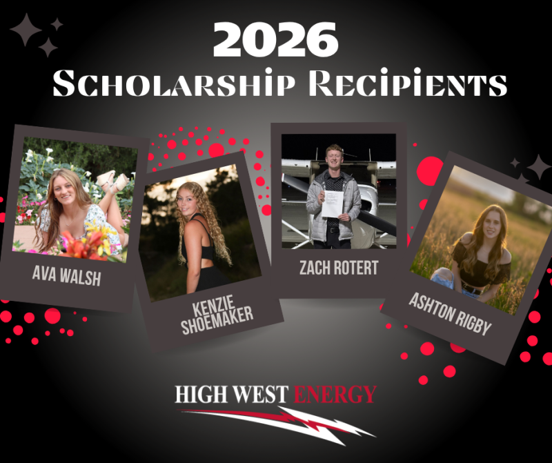 2026 High West Energy scholarship recipients graphic featuring Ava Walsh, Kenzie Shoemaker, Zach Rotert, and Ashton Rigby.