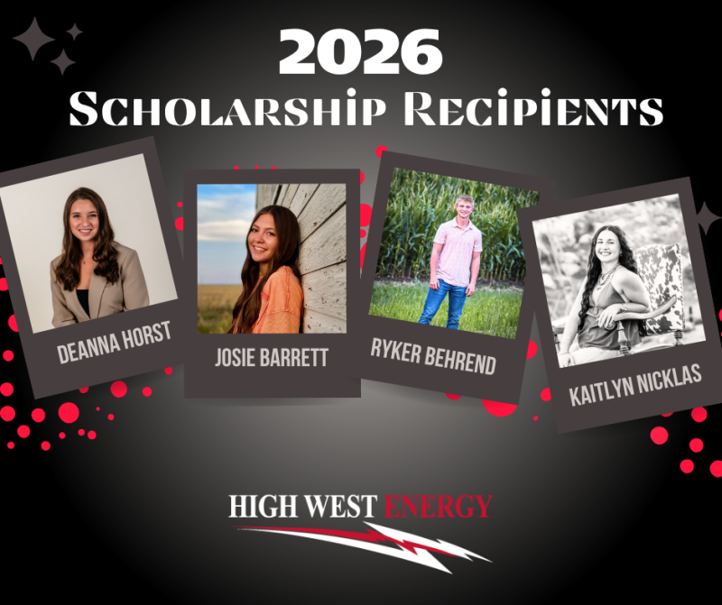 2026 High West Energy scholarship recipients graphic featuring Deanna Horst, Josie Barrett, Ryker Behrend, and Kaitlyn Nicklas.