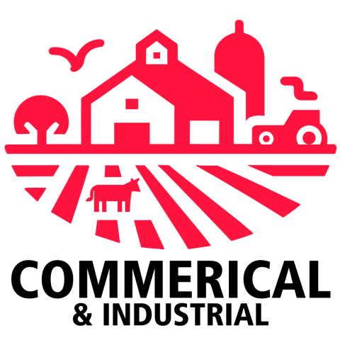 Red icon of a farm and commercial building with fields and windmill representing commercial and agricultural energy use.