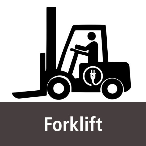 Black silhouette of a forklift with a driver inside and an electric symbol on the side. At the bottom, white text on a black background "Forklift".