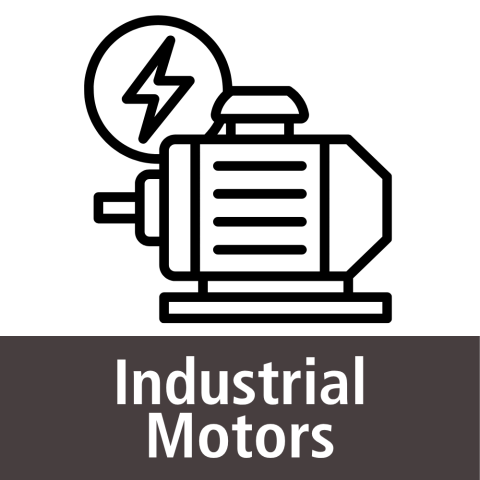An icon of an electric motor with a lightning bolt symbol inside a circle above it. At the bottom, white text on a black background "Industrial Motors".