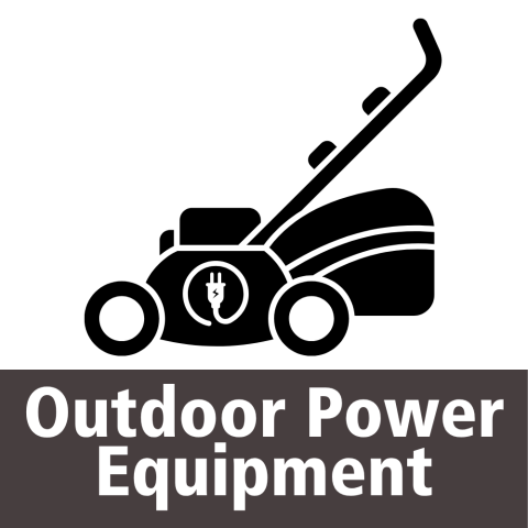 A black silhouette of a lawnmower with two wheels in front and one in the back, and a handle for pushing. An electricity symbol on the side. At the bottom, white text on black background "Outdoor Power Equipment"