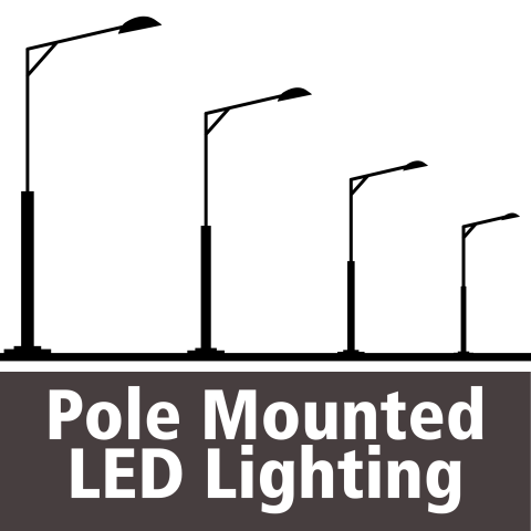 Black icon depicting four pole-mounted LED light fixtures on a utility pole with the text "Pole Mounted LED Lighting."