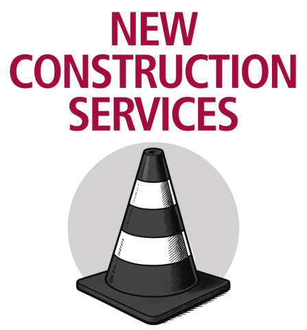 New Construction Services icon featuring a traffic cone beneath the words ‘New Construction Services.