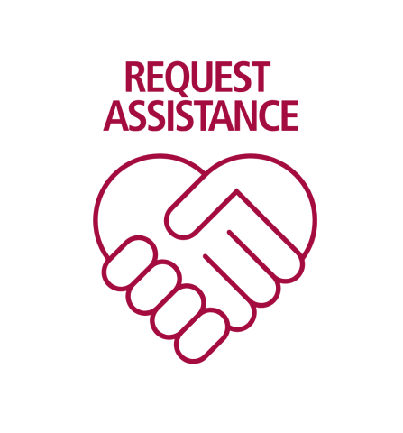 Request Assistance text above icon showing two hands clasped in a handshake inside a heart outline.